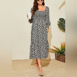 Smocked Square-Neck Black white Daisy Floral Midi Dress 3/4 sleeves Large